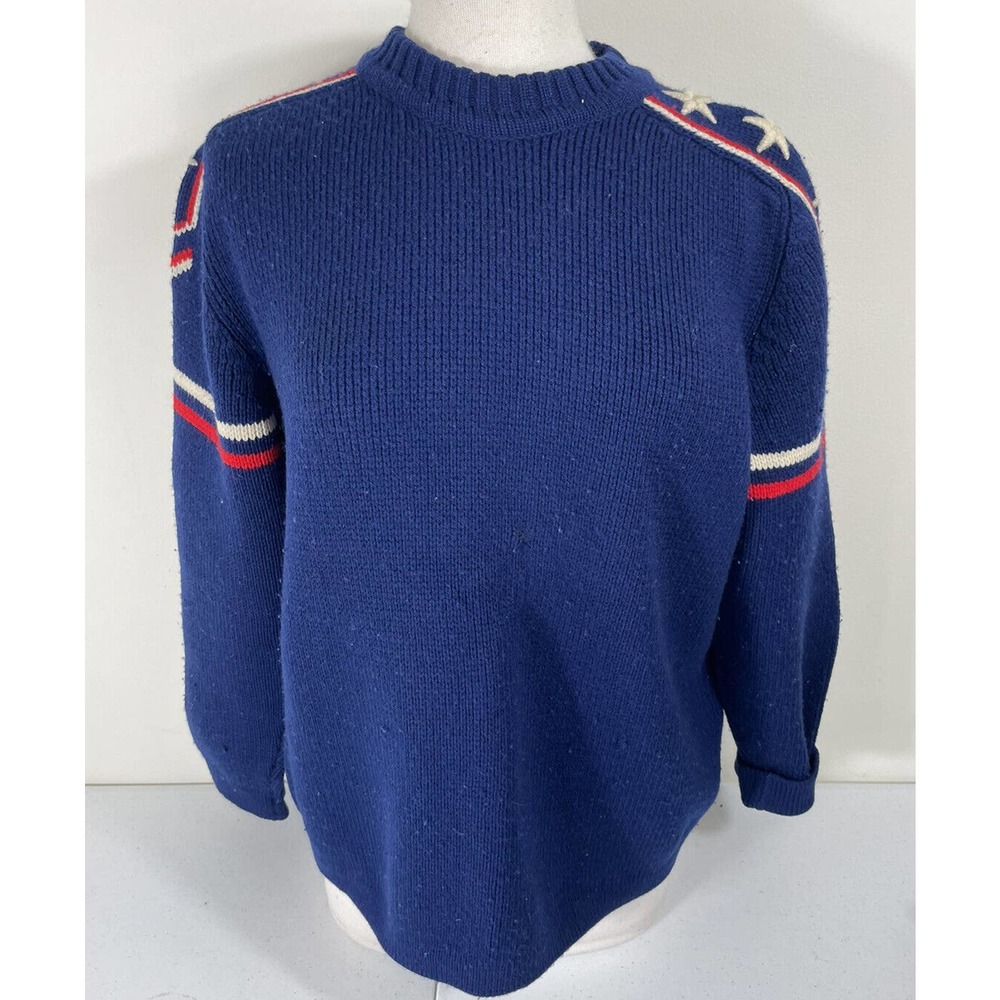 Made in Austria Blue Wool Star Pullover Sweater Large Hand Embroidered